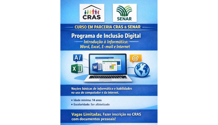 Campo Bonito - CRAS está oferecendo o curso "Programa de inclusão digital - Introdução a informática - Word, Excel, e-mail e internet"